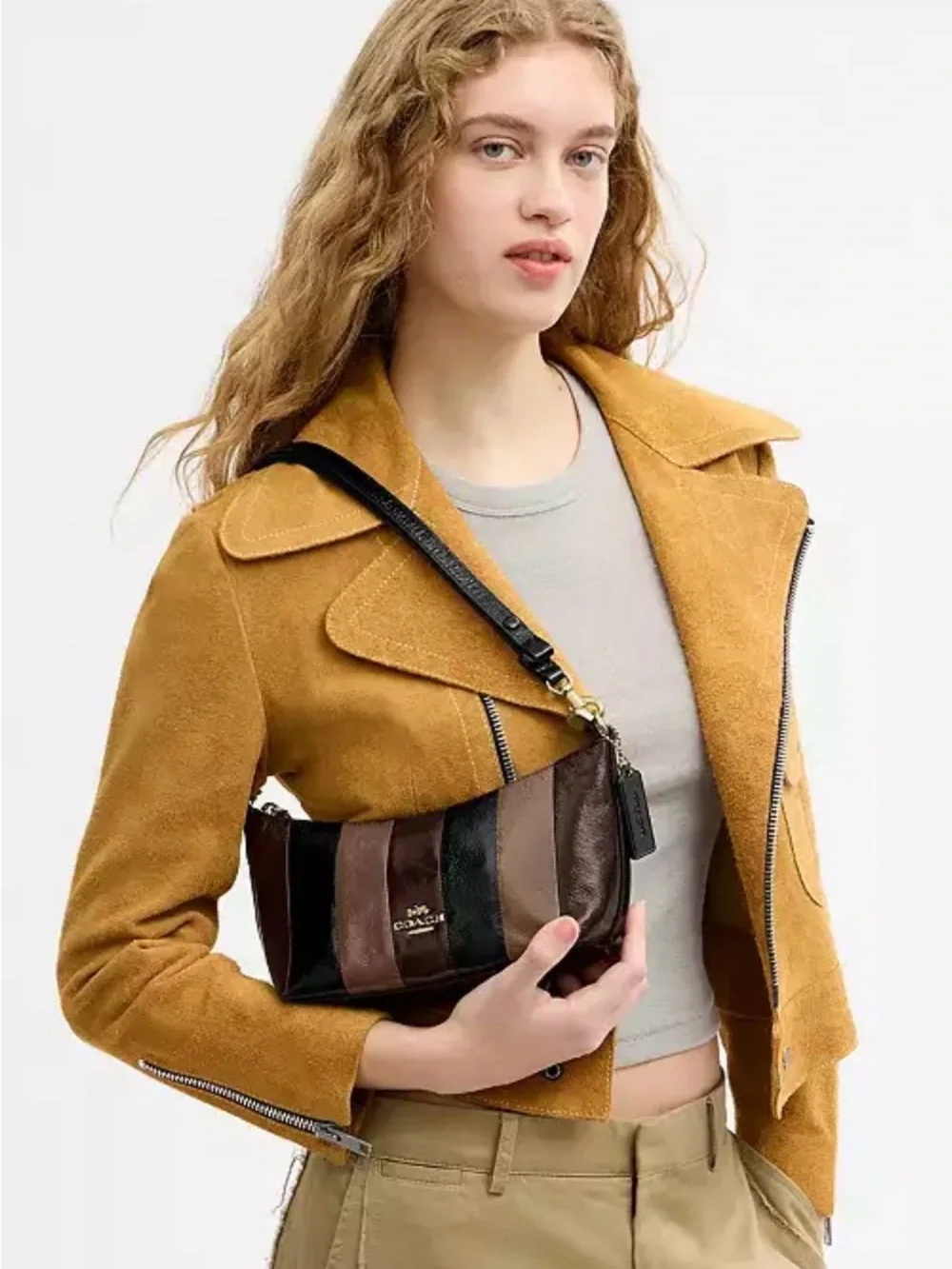 🖤🤎Coach NEW Caitlin Stripe-Crinkle Cut Leather Bag in Brown/Black Gold Hardware